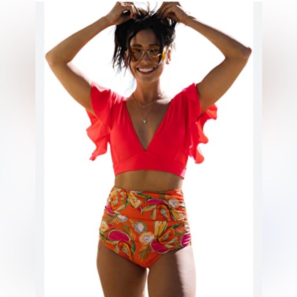 Women's High Waist Bikini Swimsuit Ruffle Two Piece Bathing Suit NWT Size XL